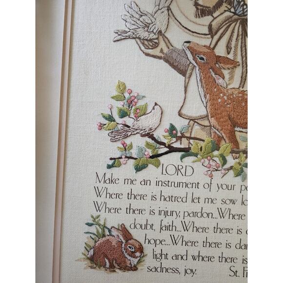 St Francis Of Assisi Embroidered Large Portrait Fawn Animals Quote Framed Matted - Picture 2 of 7